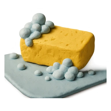 cleaning sponge with soap bubbles, pastel palette, visible clay texture in claymation style sticker