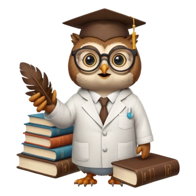 Wise owl with glasses, wearing a lab coat, perched on a stack of books. sticker