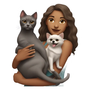 Woman in the right arm is holding a sphinx grey cat and in the left arm holding a Pomeranian dog sticker