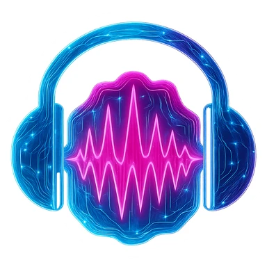 Transform the Audacity logo into a cyberpunk, holographic style with glowing neon blue and pink edges. Add intricate circuit patterns throughout the headphones and waveform, maintaining the recognizable shape of the headphones and waveform. Overlay neon and circuit effects in a futuristic, clean cyberpunk style with a consistent glow and intricate circuit details. The background should be transparent to highlight the holographic neon effect. sticker