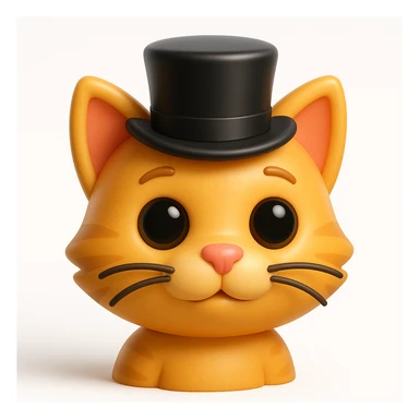 3D rendered emoji-style illustration, glossy plastic-like materials, soft ambient occlusion, rounded forms, high-detail textures, clean white background, Apple emoji aesthetic, subsurface scattering on skin, vibrant saturated colors, cute proportions with large expressive eyes, studio lighting with soft shadows, cat wearing a tophat sticker