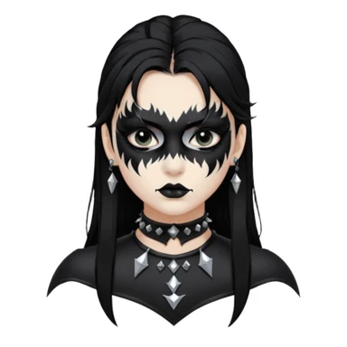 Crea una ragazza con stile black metal,  paint face black metal, capelli neri mossi dalle spalle e occhi bianchi e un collare con borchie a punta sticker