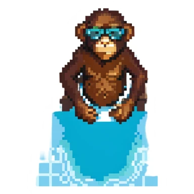 chimpanzé avec des lunettes au bord d'une piscine, style pixel art sticker