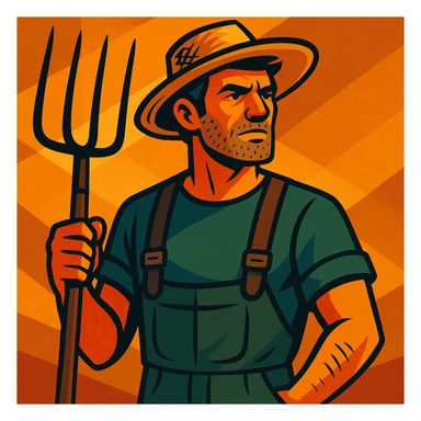 vibrant toon style illustration of a rugged middle-aged farmer, sun-bleached face, black hair, strong jaw, stubble, green trousers, suspenders, green T-shirt, straw hat, holding pitchfork, dramatic warm golden-brown background, bold lines, mix of warm and cool lighting, rustic rural America vibe sticker
