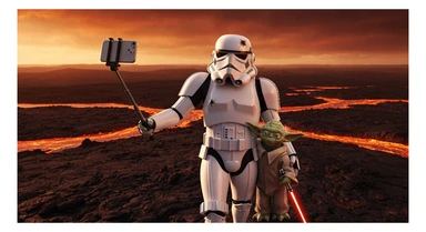 Starwars stormtroopers vlogging selfie, he is walking on lava planet with yoda sticker