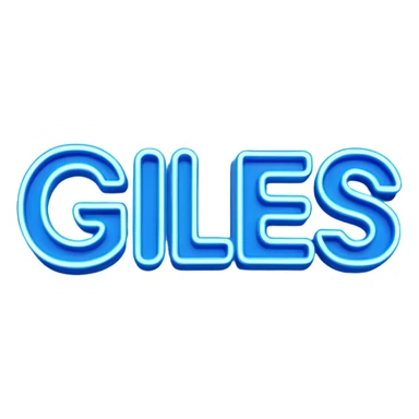 Blue neon sign with the word Giles sticker