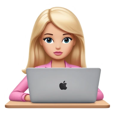a tired barbie works in front of a macbook sticker