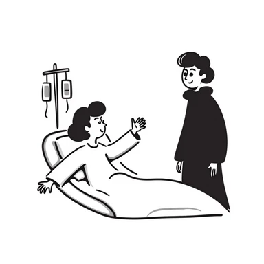 a person in a hospital gown sitting in bed reaching out to a visitor, hospital room visible with subtle medical details sticker