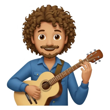 Generate a dude with curly hair and a shitty goatee who is high on marijuana playing the guitar and twisting a strand of his hair sticker