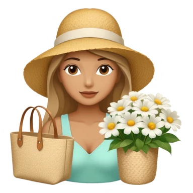 summer beautiful wicker hat next to it lies a beach beige bag and a bouquet of white flowers sticker