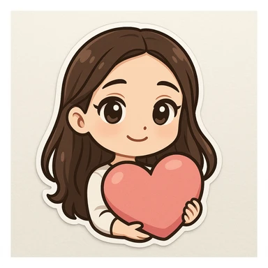 3D bitmoji chibi sticker of the girl from the reference, expressive face and eyes, long brown hair, holding a big pink heart, kind and loving expression. sticker
