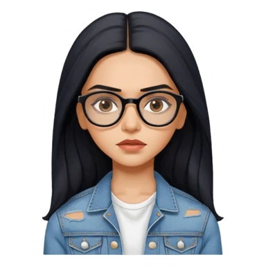 generate a pretty bratz emoji 
Make her wear a white dress with a denim jacket over it.long  black hair side part 

She should look exactly  like Deepika padukone! wearing tiny rectangular spectacle, looking sad sticker