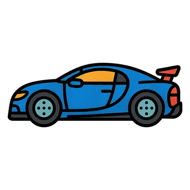 Bugatti car, side view, black outlines, blue body, sporty details, color icon style sticker