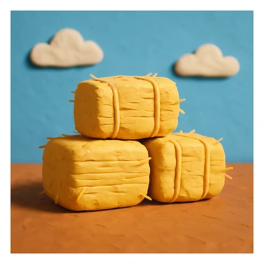 stacked hay bales with a blue sky background, playful and colorful, claymation style sticker