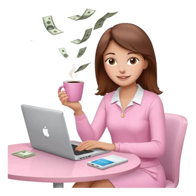  woman character with laptop and coffee relax table, dollars are floating, colorful pastel pink outfit, white laptop, brownn hair, fair skin,  sticker