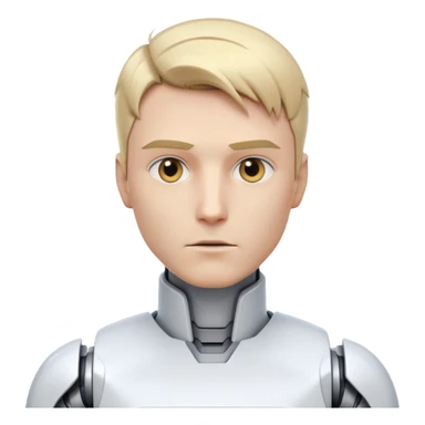 Male robot with short blond hair, sharp jawline, intense eyes, white tech clothing, neutral expression, futuristic assistant sticker