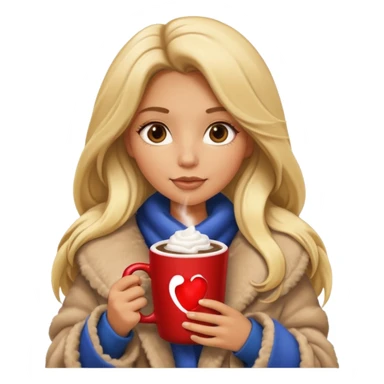 Tanned Girl with lashes , blonde hair, in an extremely big fluffy oversized coat and hold hot chocolate drink and more look like apple emoji face sticker