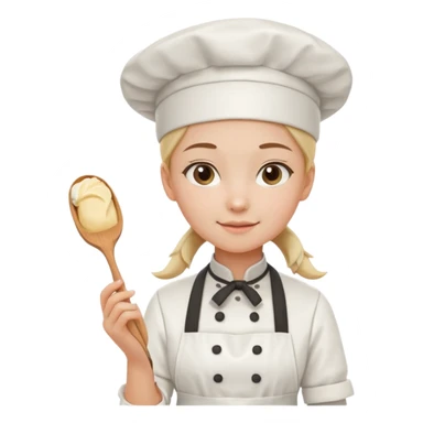 Young female pastry chef - single ponytail, apron, wearing a white hat, holding a cream piping bag sticker