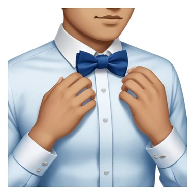 
a man's hand straightens a dark blue bow tie on the collar of a white shirt sticker