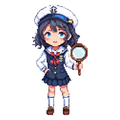Japanese anime schoolgirl detective holding a magnifying glass, wearing a classic sailor uniform, expressive and cute, pixel art style sticker