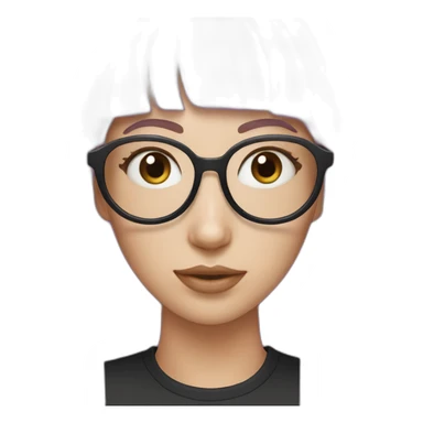 White girl with light purple hair with Ponytail and Split bangs in 3 and rounded frame pastel pink glasses and pastel blue with a black shirt sticker