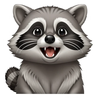 Cinematic-Noble- Yawning Raccoon-Portrait-Emoji – Poised and confident, wide-open yawn, revealing a soft grey with a sturdy build and a beautifully textured fur of silver-grey accented by dark black facial markings, deep-set, big black eyes, simplified yet sharp and sophisticated zoom out to show shoulders sticker