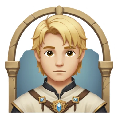 Medieval summer outfit worn by a DnD themed fantasy male character. Character has golden blonde hair cut in an even, symmetrical style that falls precisely to the jawline, with a perfectly centered part and identical lengths on both sides. sticker