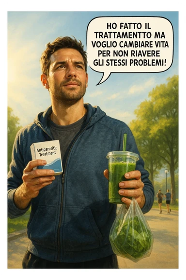 A realistic, cinematic illustration of a man in his early 30s with a determined and hopeful expression, standing outside under a bright morning sky, holding a small box labeled 'Antiparasitic Treatment' in one hand, while in the other hand he holds a fresh green smoothie or a bag of vegetables. A speech bubble near him says: ‘Ho fatto il trattamento ma voglio cambiare vita per non riavere gli stessi problemi!’ The man is wearing casual but clean and sporty clothing, symbolizing a fresh start, with the background showing a city park with green trees, morning light, and people jogging, indicating a healthy lifestyle. The atmosphere is bright, uplifting, and motivating, clearly illustrating the transition from treatment to lifestyle change to prevent future health issues. The style is realistic with warm tones, showing positive energy and commitment to change in italiano sticker