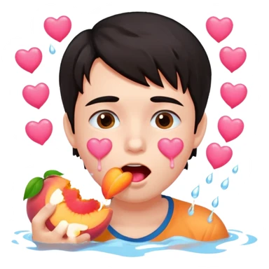 Cute boy, grown out dark hair, eating a peach, pink hearts floating , water dripping from mouth sticker
