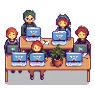 Add the text 'web community' in a pixel art font style, incorporate the provided square icon into the scene, keep the group of frontend developers with laptops and the community vibe, all in pixel art style with transparent background. sticker