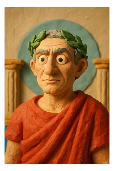 Julius Caesar, red robe, laurel wreath, 3D claymation style sticker