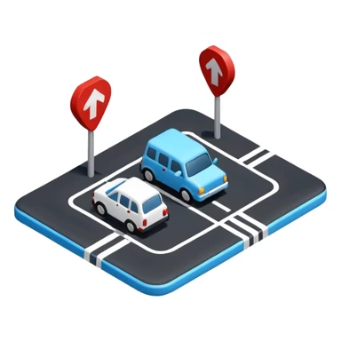 
A 3D minimal icon showing a street route to a destination, with a blue road, white and black vehicles, and small red accents for alerts. The style is clean, minimal 3D, with a transparent background. sticker