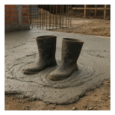 На строительной площадке видно застывший влажный бетон. В центре — пара старых резиновых сапог, частично утонувших и застывших в цементе, будто кто-то случайно оставил их там sticker