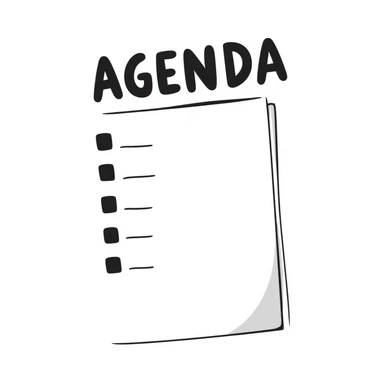 A notebook with 'AGENDA' written on top and meeting items listed below sticker