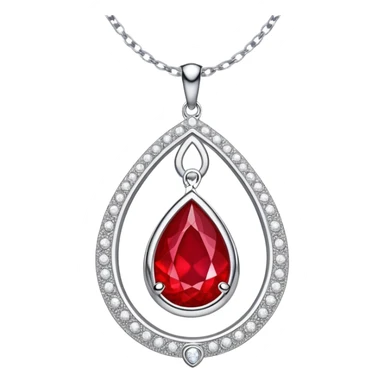 enchanted ruby talisman, teardrop shape, glowing with life force, encircled by white stones on a floating silver chain sticker