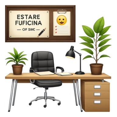 imagen de una oficina moderna con escritorio, silla, notebook, agenda y una planta con un cartel que diga en español ESTARÉ FUERA DE OFICINA sticker