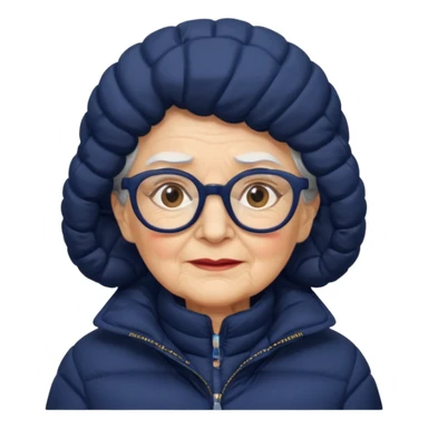 old wo man in navy puffy winter coat, wearing glasses sticker