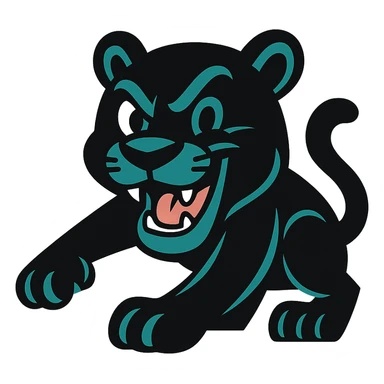 cartoon panther inspired by Penrith Panthers, playful expression, black fur, teal accents, mascot style sticker
