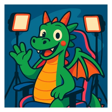 friendly dragon waving at the camera, with a gaming chair and streaming lights, embodying a popular YouTuber vibe, vibrant toon style sticker