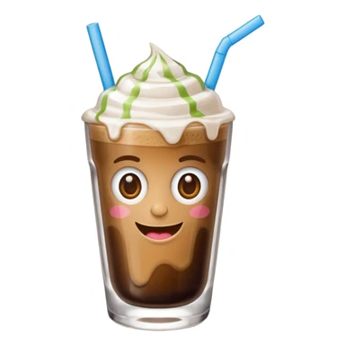 greek freddo espresso in glass with straw, ice cubes, thick foam, playful expression, emoji style sticker