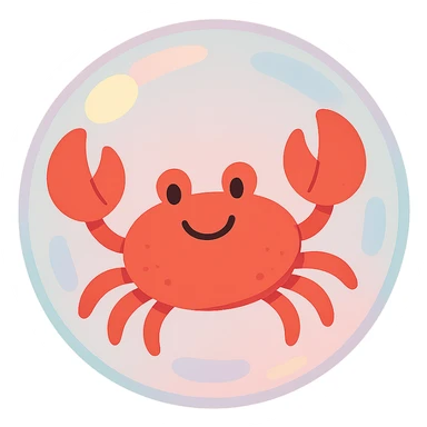 smiling red crab floating in a soap bubble, soft pastel colors, gentle lighting sticker