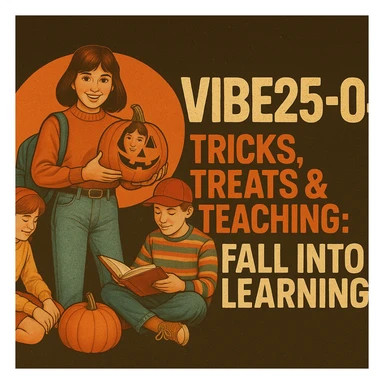 Create a logo that encompasses a retro 80's feel, nostalgic, ALSO RETRO.  Add the words "VIBE25-04: Tricks, Treats & Teaching: Fall Into Learning" sticker