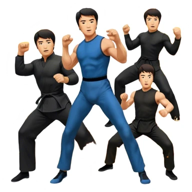 Icon for Action Movies: Collage of Arnold Schwarzenegger, Sylvester Stallone, Bruce Lee, and Jackie Chan in iconic action poses, surrounded by explosions, weapons, and martial arts moves. The design should capture the high-energy, dynamic nature of their films. Transparent background. sticker