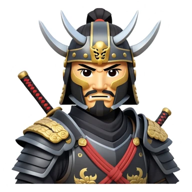 clash-of-clans-aesthetic_-cinematic-fearsome-and-majestic-samurai-bust-portrait-emoji, rendered in a flat, vector-style with minimal shading and bold, simplified shapes typical of emoji art, depicting a battle-hardened samurai with black mask and traditional black Japanese armor. The samurai is riding a noble grey warhorse adorned with an intricately designed saddle and fluttering banners and a rising sun. a samurai riding on a  horse zoomed in sticker