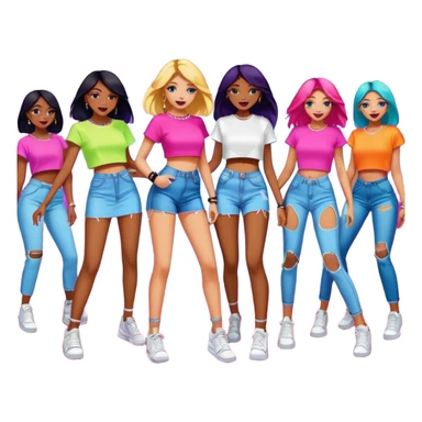 Cute emoji-style illustration of a group of people dancing at a nightclub, wearing trendy modern clothes like crop tops, ripped jeans, sneakers, bodycon dresses, and oversized shirts. Bright neon lights and a fun party vibe. Simple, colorful, expressive style that looks good at small emoji size. sticker