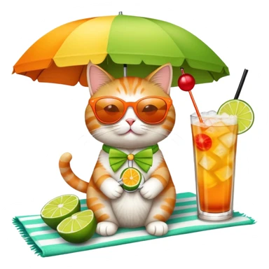 Cute cat on beach towel with a tropical mai tai drink and sunglasses sticker