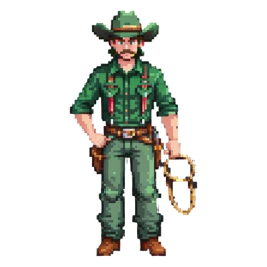 Cowboy character with green shirt, pants, and hat, holding a lasso sticker