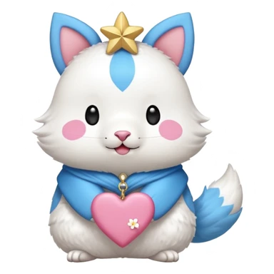 GENERATE ME A MOMONGA WHITE ANIMAL  FROM CHIIKAWA AND PUT A SAKURA FLOWER ON HIS HEAD AND A STAR PELT ON HIS BELLY AND A HEART PURSE ON HIS ARM WITH HIS FACE MAKE HIS TOUNGE STICK OUT WITH A LITTLEPINCH OFDROOL AND MAKE HIM ANIME STYLED ART GIVE HIM A BIG BLUE FLUFFY TAIL sticker