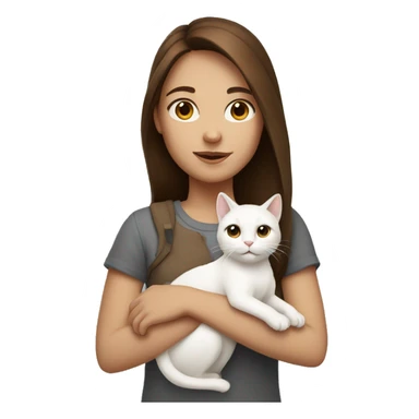 A girl with brown hair holding her white cat sticker