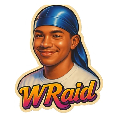 Smiling no teeth
make his shirt white
Change His durag To BLUE
Make it say "  W Raid " sticker